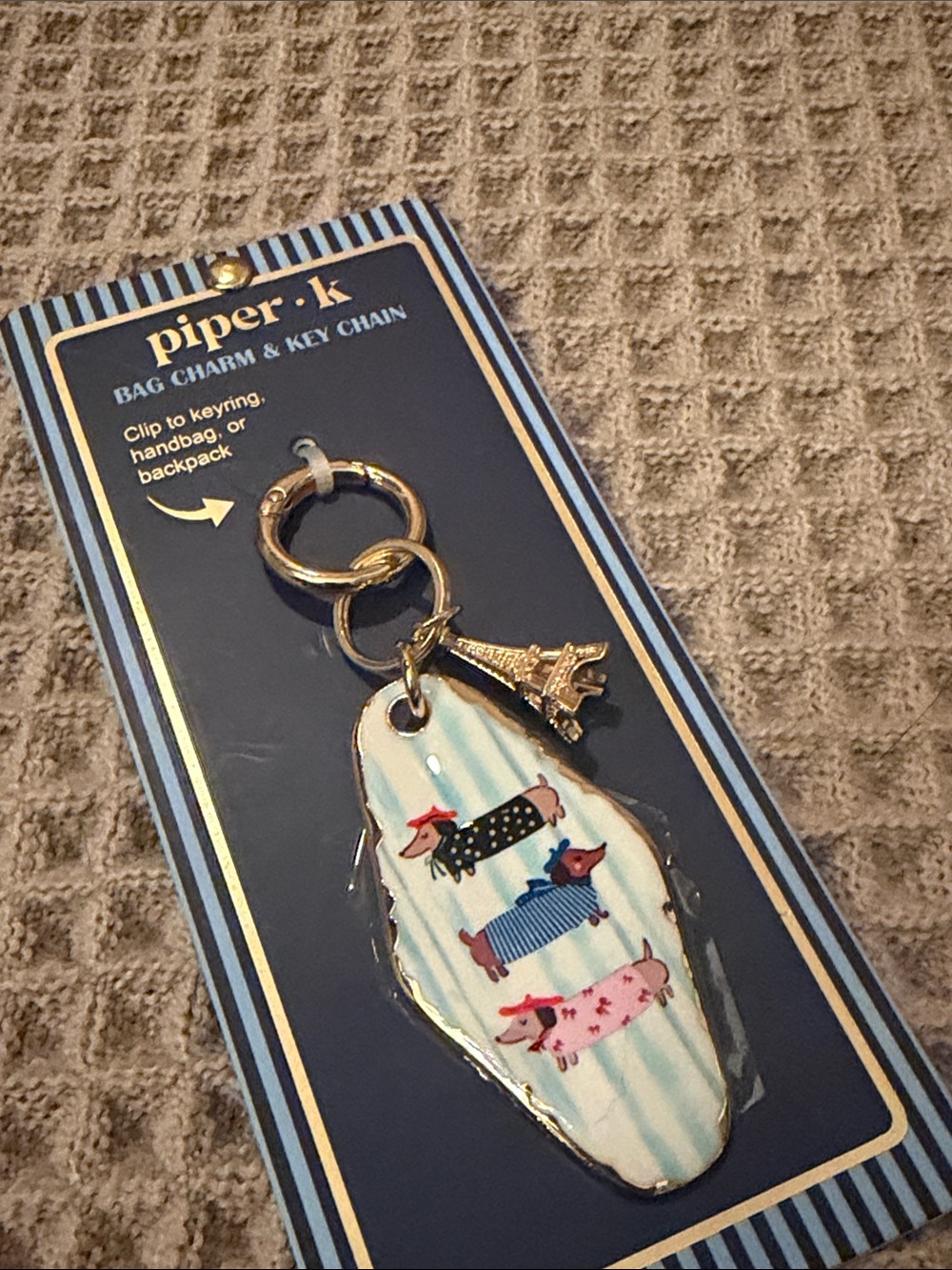 piper•k Gold Eiffel Tower Dachshund Key Chain - Cream & Pastel Stripe NWT